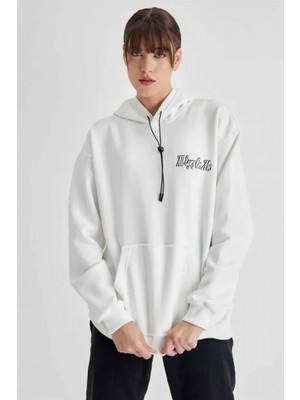 MiraLive Miray- Kapüşonlu Sırt Baskılı Üç Iplik Oversize Sweatshirt - Beyaz