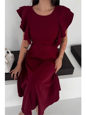Dip Moda Kadın Bordo Kemer Detaylı Kol Fırfırlı Midi Boy Elbise DPK4559