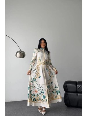 Dip Moda Kadın Ekru Hakim Yaka Çiçek Desenli Maxi Boy Tasarım Elbise DPMS2653