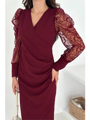Dip Moda Kadın Midi Boy Bordo Kolu Tül Detaylı Bel Drapeli Örme Elbise DPK4375