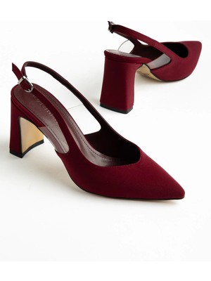 Dilimler Ayakkabı Büyük Beden Kadın Topuklu Ayakkabı Bordo Saten Yassı Ökçe Yan Şeffaf