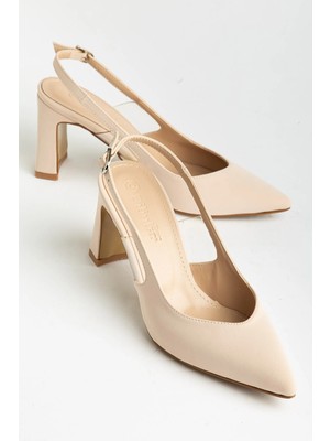 Dilimler Ayakkabı Büyük Beden Kadın Topuklu Ayakkabı Bej Saten Yassı Ökçe Yan Şeffaf