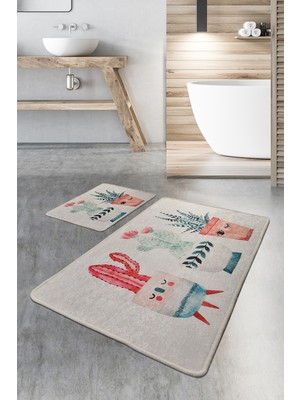 Chilai Home Happy Cactus Renkli 2'li Set Banyo Halısı Kaymaz Tabanlı Yumuşak Dokulu Paspas