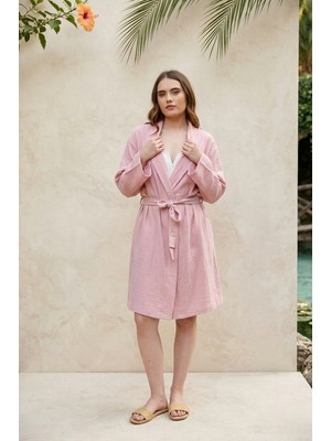 Miespiga Pamuklu Kısa Kapüşonlu Müslin Kadın Bornoz Pembe