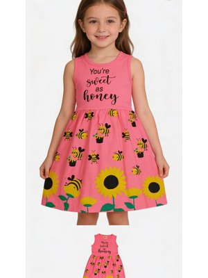 Akku Yeşil Arı & Ayçiçeği Desenli Kız Çocuk Elbise