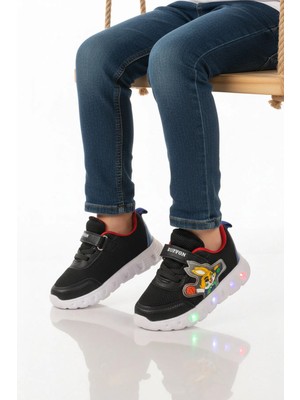 Ruffon Siyah Cırtlı Işıklı Hafif Unisex Çocuk Spor Ayakkabı 1015 P