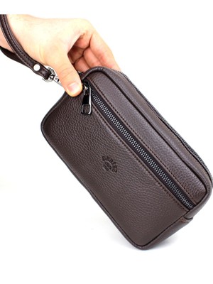 Derise Club Erkek Kahverengi Çok Bölmeli Kartlık Detaylı Lüks El ve Bileklik Kemerli Portföy El Çantası