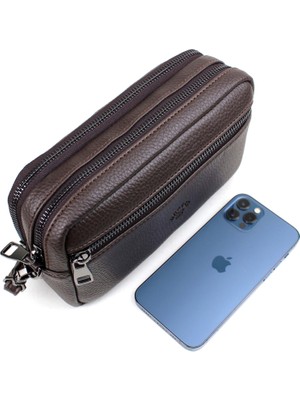 Derise Club Erkek Kahverengi Çok Bölmeli Kartlık Detaylı Lüks El ve Bileklik Kemerli Portföy El Çantası