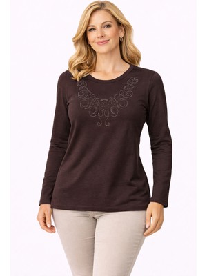 Mutlu City Yeni Model Taş Işlemeli Yuvarlak Yaka Likralı Anne Penye Bluz 6420