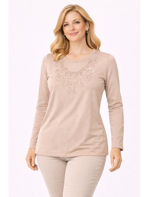 Mutlu City Yeni Model Taş Işlemeli Yuvarlak Yaka Likralı Anne Penye Bluz 6420