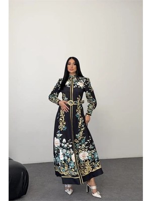 Dip Moda Kadın Siyah Hakim Yaka Çiçek Desenli Maxi Boy Tasarım Elbise DPMS2653