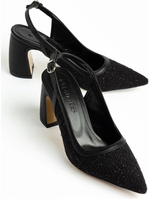 Dilimler Ayakkabı Büyük Beden Kadın Kalın Topuklu Ayakkabı Siyah Triko Üzeri Simli