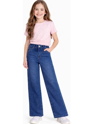 İrem Çocuk Giyim Kız Çocuk Geniş Paça Model Likralı Mavi Renk Düz Kot Pantolon