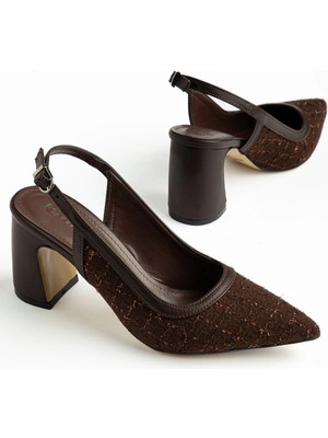 Dilimler Ayakkabı Büyük Beden Kadın Kalın Topuklu Ayakkabı Kahverengi Triko Üzeri Simli