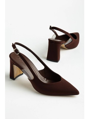 Dilimler Ayakkabı Büyük Beden Kadın Topuklu Ayakkabı Kahverengi Saten Yassı Ökçe Yan Şeffaf