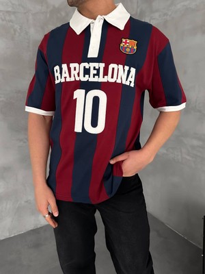 Bergibo Oversıze Barca Yakalı Tişört - %100 Pamuk Penye Barcelona Çubuk T-Shırt
