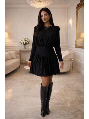 Dip Moda Kadın Siyah Sandy Kumaş Vatka ve Drape Detaylı Mini Boy Elbise DPDKS1404