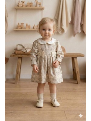 Vavbaby Dantel Detaylı ve Bebe Yakalı Çiçek Desenli Kız Bebek Elbise