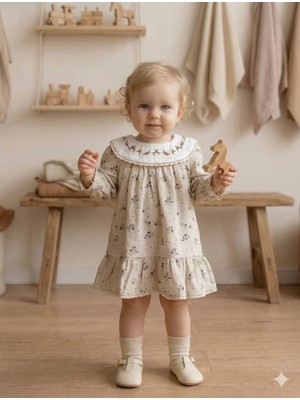 Vavbaby Vintage Nakışlı Kız Bebek Keten Elbise