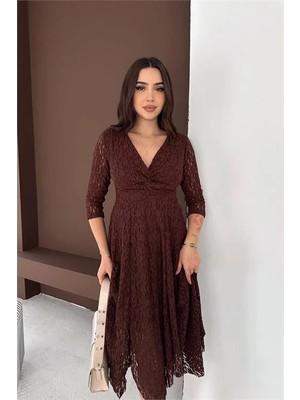 Dip Moda Kadın Kahverengi Kruvaze Yaka Midi Boy Esnek Kumaş Dantel Elbise