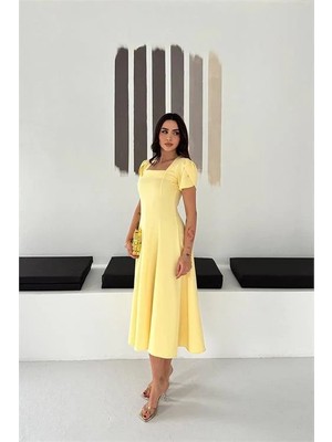 Dip Moda Kadın Sarı Kare Yaka Balon Kol Midi Boy Elbise DPK4550