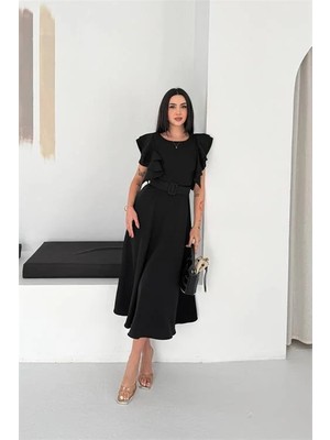 Dip Moda Kadın Siyah Kemer Detaylı Kol Fırfırlı Midi Boy Elbise DPK4559