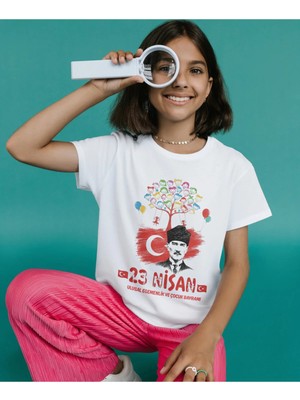 Alpşan Ticaret 23 Nisan Çocuk Tişörtü Kız Erkek Beyaz Çocuk Tshirt 23 Nisan