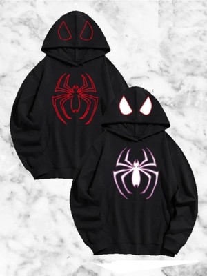 MiraLive Miray- Örümcek Baskılı Sevgili Çift Kombini Kapüşonlu Sweatshirt - Hodie - Siyah