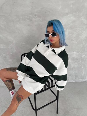 MiraLive Miray- Unisex Üç Iplik Parçalı Yakalı Sweatshirt - Yeşil