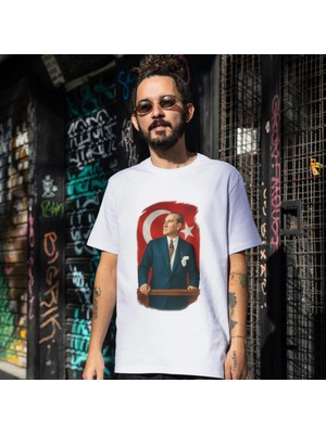 Alpşan Ticaret 10 Kasım Atatürk Baskılı Tişört Atatürk ve Türk Bayraklı 10 Kasım T-Shirt