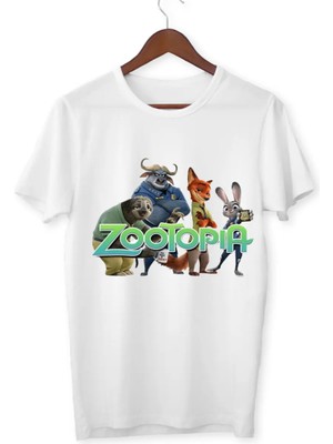 Alpşan Ticaret Zootopia Baskılı Beyaz Özel Tasarım Pamuklu Penye Unisex T-Shirt
