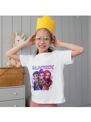 Alpşan Ticaret Huntrix Kız Çocuk Tişörtü - Rumi Mira Zoey Baskılı Anime Tarzı Beyaz T-Shirt