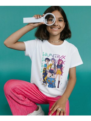 Alpşan Ticaret Huntrix Kız Çocuk Tişörtü - Rumi Mira Zoey Baskılı Anime Tarzı Beyaz T-Shirt