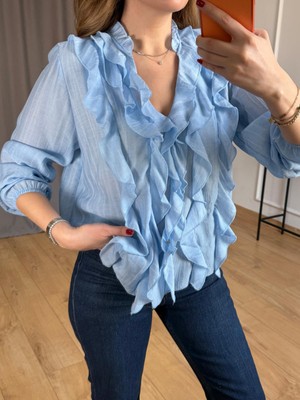 Size Özgü Mavi Lilyum Volanlı Bluz