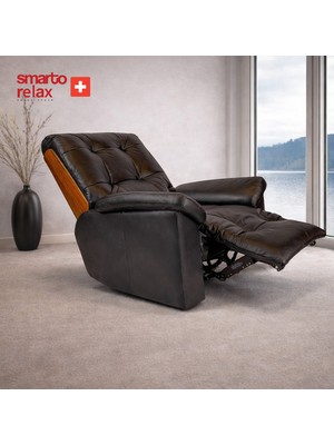 Smarto TV Koltuğu Berjer (Siyah) – Zürih VIP Serisi, Elektrikli Kademeli Sırt Dayama, Ergonomik, Hakiki Deri, USB Şarj, Doğal Ahşap Arka Panel, Kontrol Panelli, Dekoratif Tekli Koltuk