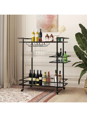 Merzana Modern Metal Gövdeli Cam Raflı Bar Servis Arabası, Metal Servis Arabası
