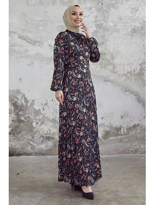 inStyle Seba Çiçek Desen Piliseli Saten Elbise - Siyah