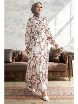 inStyle Ruby Zincir Desenli Kuşaklı Saten Elbise - Gri