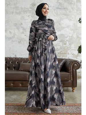 inStyle Nori Desenli Kuşaklı Saten Elbise - Siyah