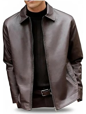 LC Waikiki Kahverengi Suni Deri Erkek Gömlek Yaka Mont 2XL Normal Kalınlık Günlük Kullanım