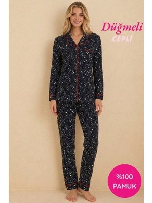 Bie's Kadın Lacivert Kırmızı Biyeli Yıldız Gömlek Yaka Önden Düğme Uzun Kollu Mevsimlik Pamuk Pijama Takımı