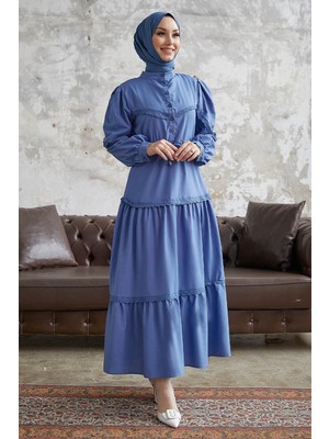 inStyle Güpür Detay Balon Kol Indigo Elbise
