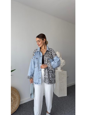 Qimya Butik Veto Kadın Leopar Parçalı Eteği Püskül Jean Gömlek Ceket