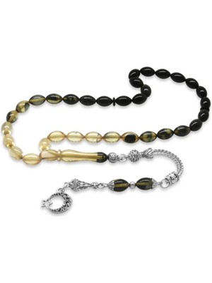 Tesbihane Ayyıldız Kararmaz Metal Püsküllü Arpa Kesim Süzme Beyaz-Siyah Ateş Kehribar Tesbih