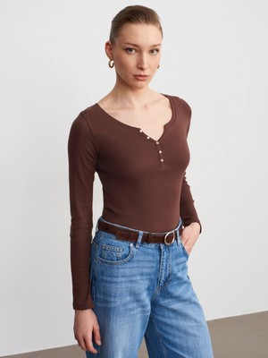 Dilvin 32699 %100 Pamuk Düğme Detaylı Top-Açık Kahve