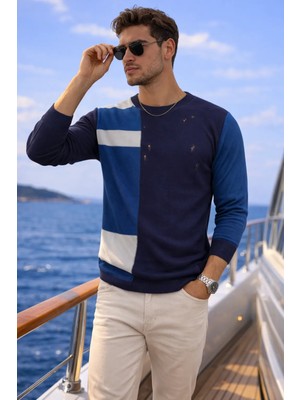 SiFu Tekstil Mavi Lacivert Bisiklet Yaka Spor İntersiye Örgü Delikli Triko Kazak – Streetwear Modern Günlük Kazak