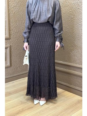 Neşeli Butik Kadın Kahverengi Dantel Kumaş Maxi Boy Tesettür Etek