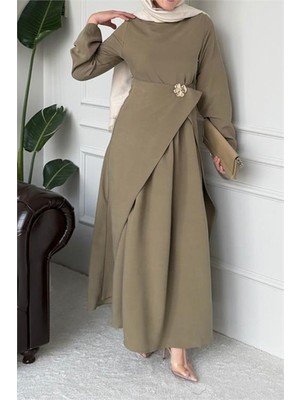 Neşeli Butik Kadın Vizon Broş Detaylı Drapeli Tam Boy Tesettür Elbise