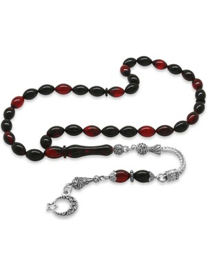 Tesbihane Ayyıldız Kararmaz Metal Püsküllü Arpa Kesim Kırmızı-Siyah Ateş Kehribar Tesbih