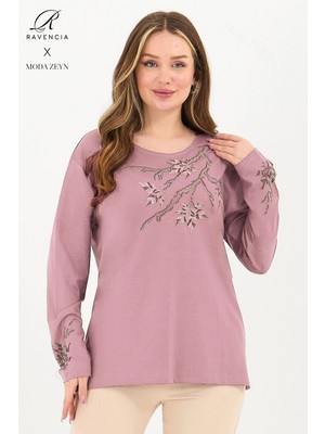 Kadın Orta Yaş ve Üzeri Viskon Renkli Yaprak Desenli Taşlı Işlemeli Likralı Pembe Anne Penye Bluz